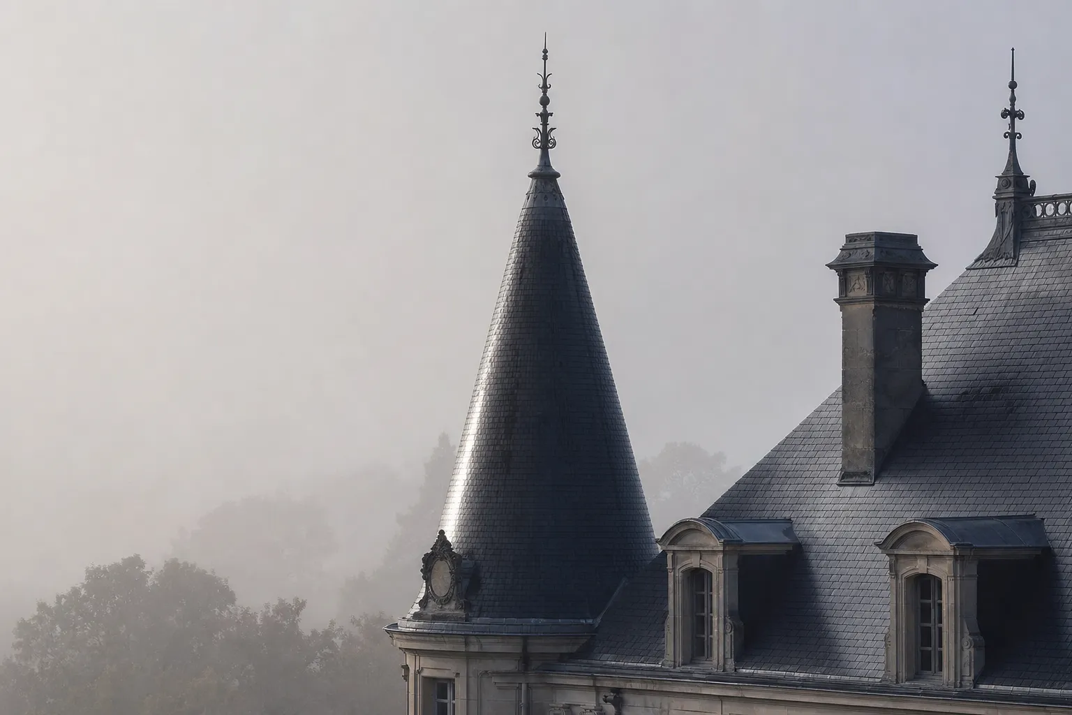 Toiture en ardoise naturelle d'une belle demeure angevine dans la brume matinale